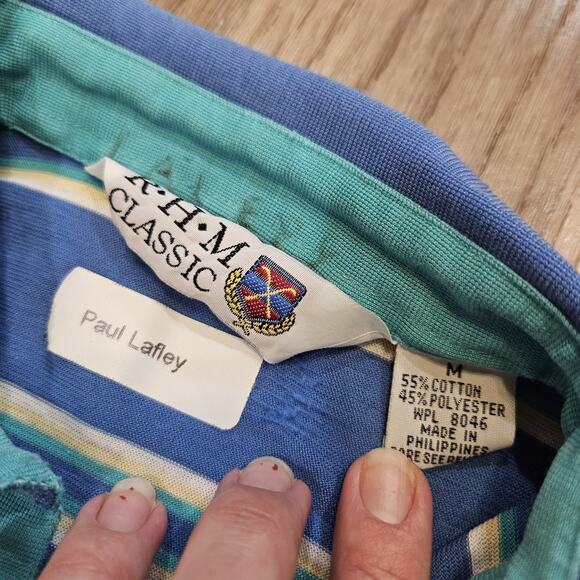 Vtg RHM Classics Striped Polo Men M Blue Green Single Stitch Preppy 70s 80s Golf - Picture 9 of 11